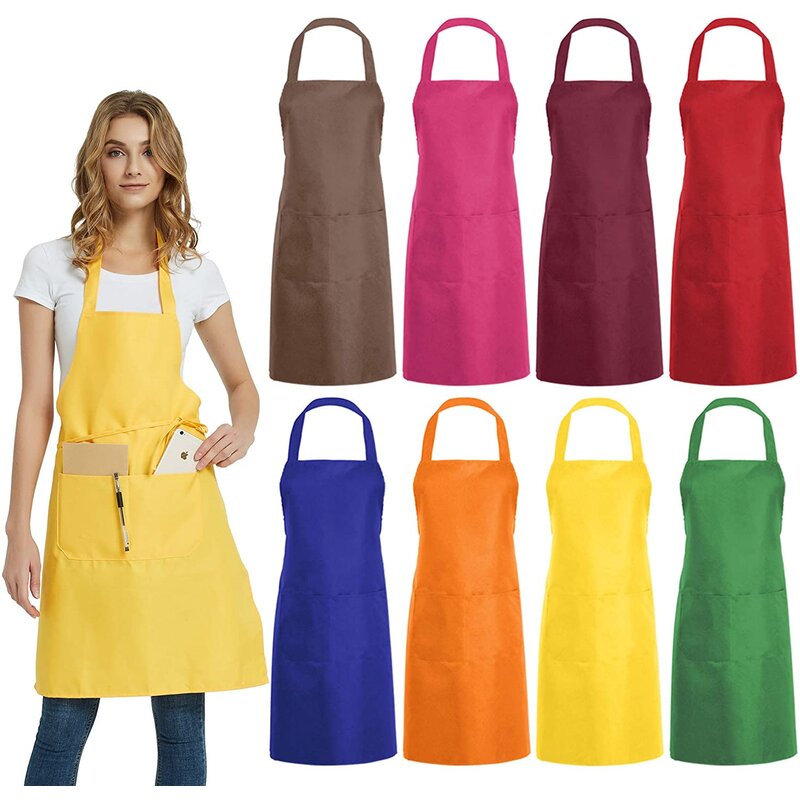 8 PCS Plain Bib Aprons Bulk   Mixed Color Commercial Apron With 2 Pockets For Kitchen Cooking Restaurant BBQ Painting Crafting 